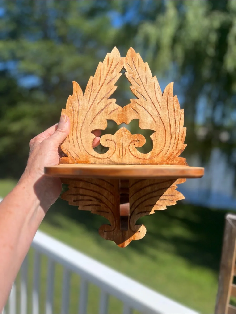 Hand-Carved Wooden Wall Shelf - distressed naturel wood